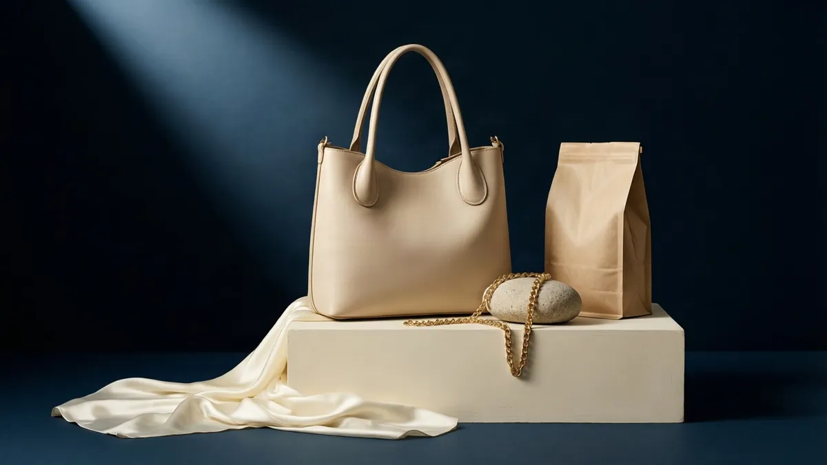 A cream leather tote standing on an ivory plinth beside a kraft bag of coffee and a gold chain draped over a smooth stone, with ivory silk pooling below, against a deep blue background