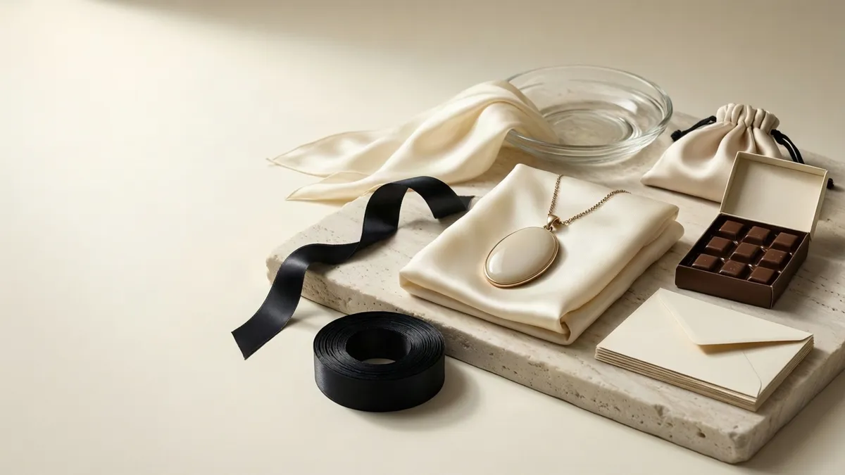 A gold pendant rests on cream fabric atop a stone slab, accompanied by black ribbon, chocolate, an envelope, and a glass bowl.
